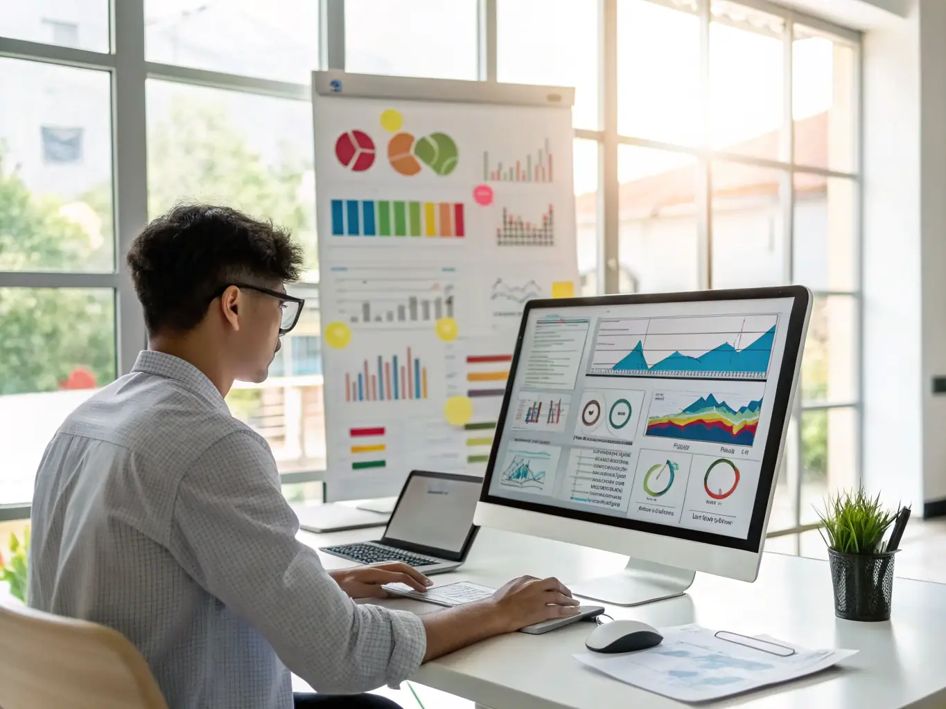 A focused digital marketing expert is analyzing SEO performance metrics on a dashboard, showcasing data-driven insights.