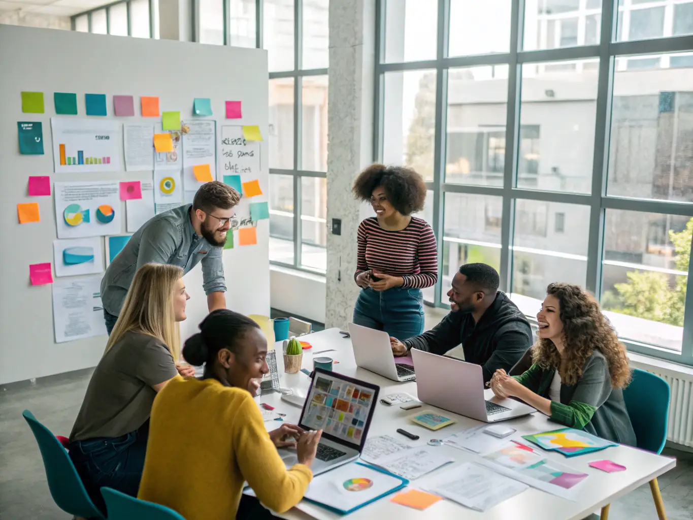 A team of digital marketers is collaborating on a content strategy, brainstorming ideas and planning content distribution.